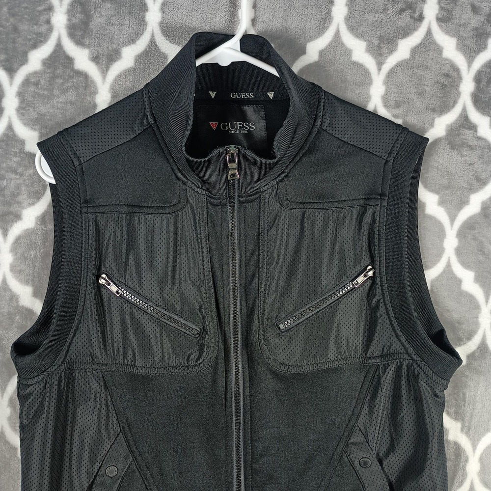 Guess Full Zip Vest Mens Size M Black Mesh Utility Techwear